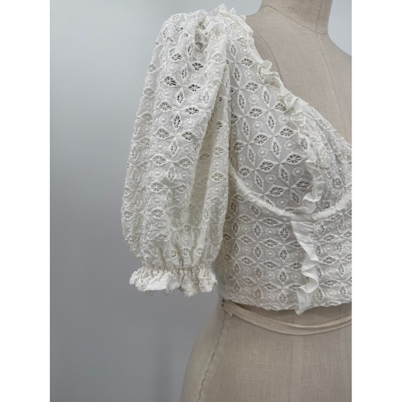 For Love & Lemons White Lace Up Eyelet Corset Top XS Puff Sleeve Cottagecore - Picture 4 of 9